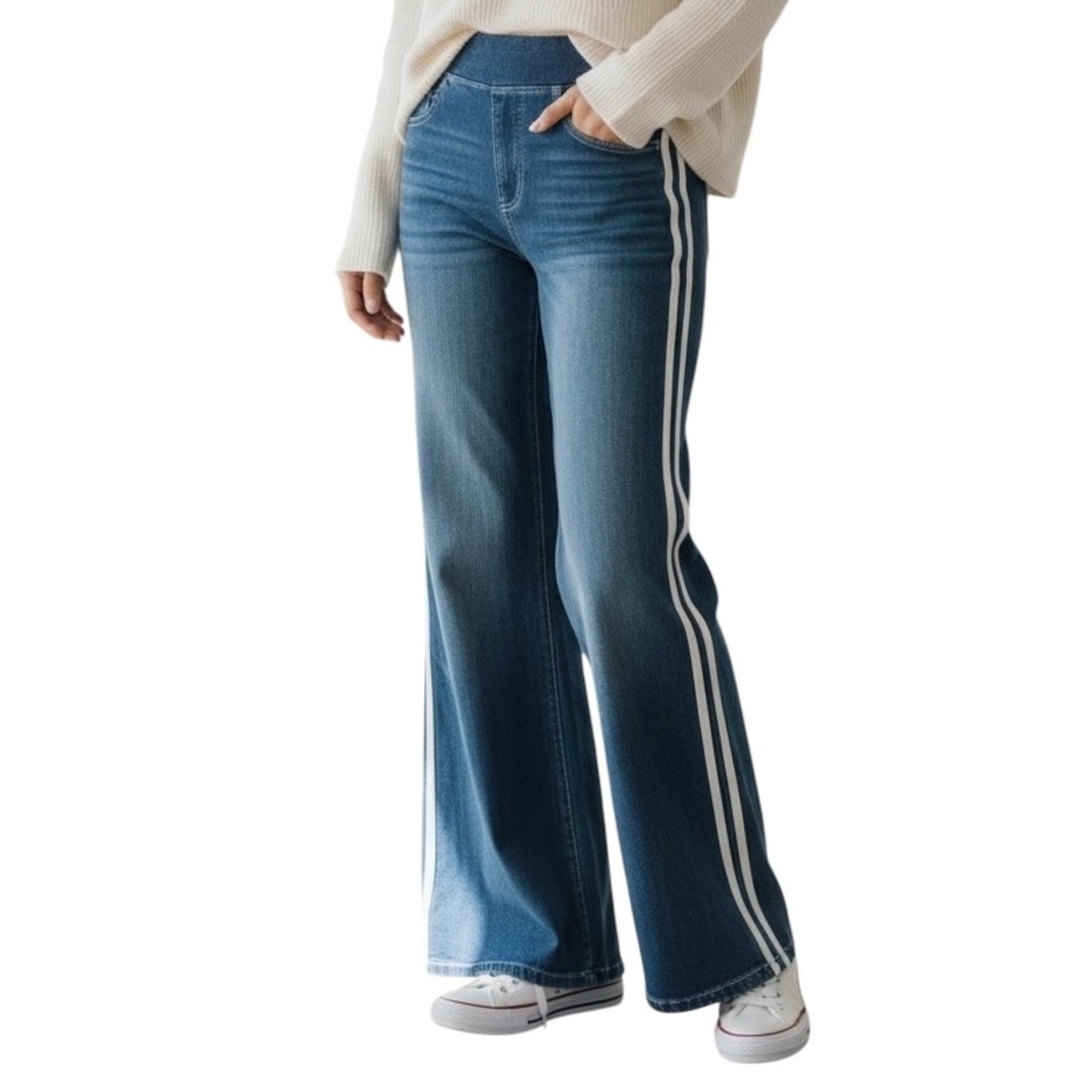 NWOT Halara‎ Womens Flex High Waisted Wide Leg Stripe Denim Jeans XS Tide Blue